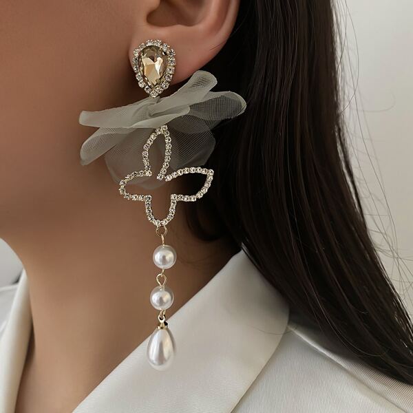 

Faux Pearl Decor Mismatched Drop Earrings, Green