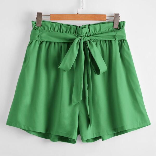 

Plus Solid Belted Paper Bag Waist Shorts, Green