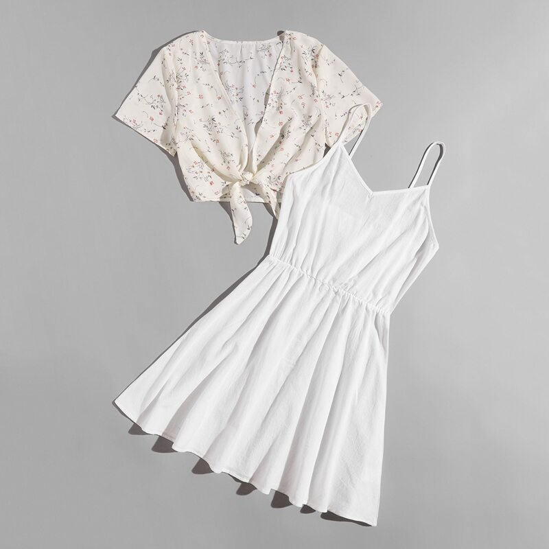

Solid Cami Dress & Ditsy Floral Tie Front Top, Multicolor