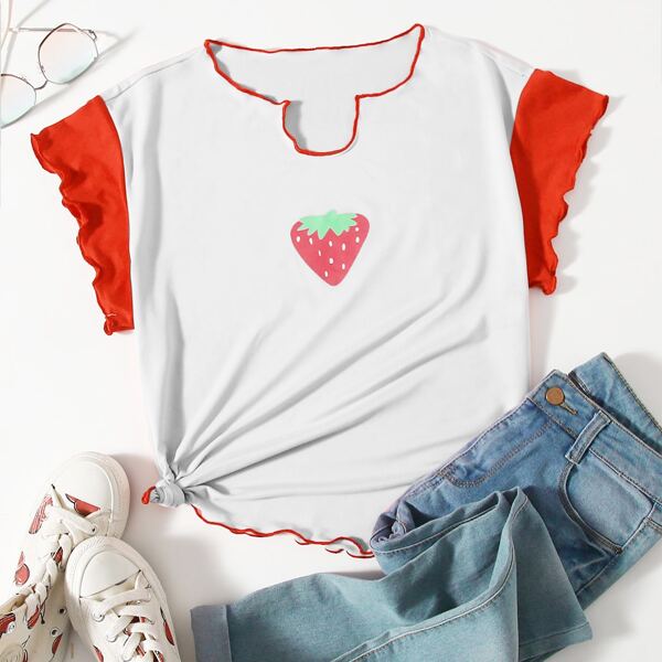 

Plus Strawberry Print Lettuce Trim Contrast Sleeve Tee, White