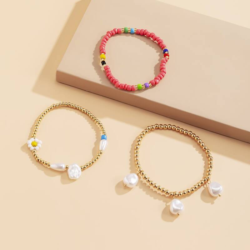 

3pcs Faux Pearl Decor Beaded Bracelet, Multicolor