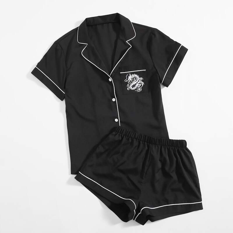 

Chinese Dragon Embroidery Pajama Set, Black