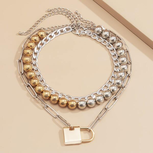 

3pcs Lock Charm Necklace, Multicolor