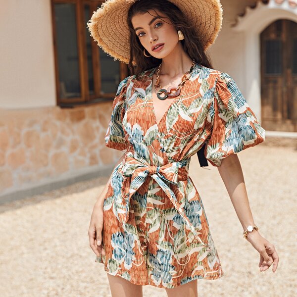 

Tropical Print Open Back Belted Romper, Multicolor