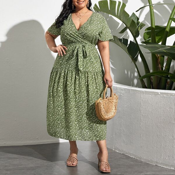 

Plus Ditsy Floral Wrap A-line Dress, Olive green