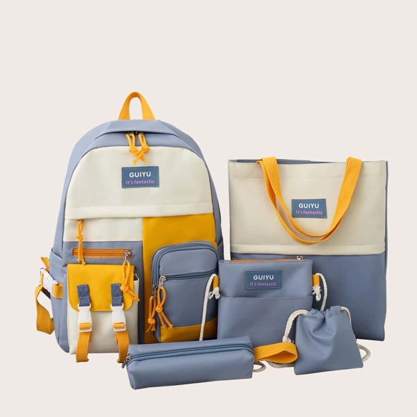 

5pcs Colorblock Letter Graphic Bag Set, Blue