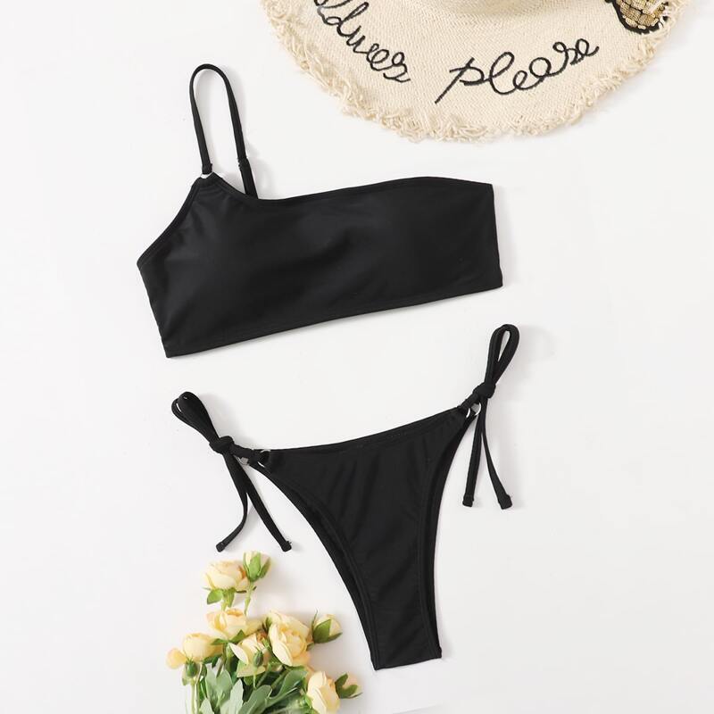 

One Shoulder Tie Side Bikini Swimsuit, Black