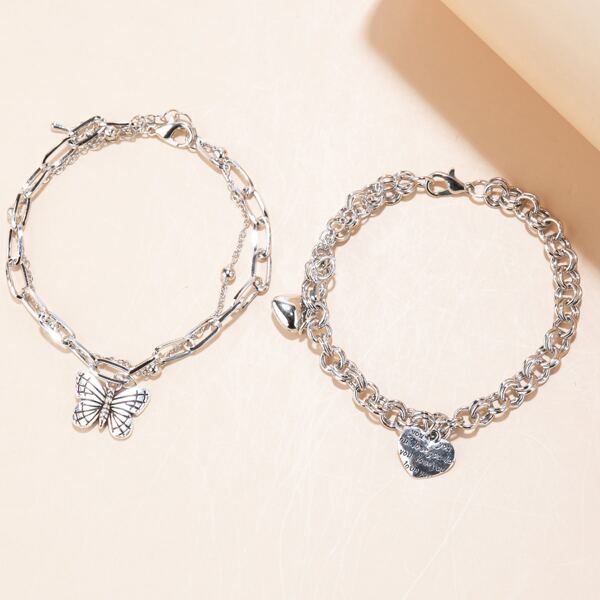 

2pcs Heart Charm Bracelet, Silver