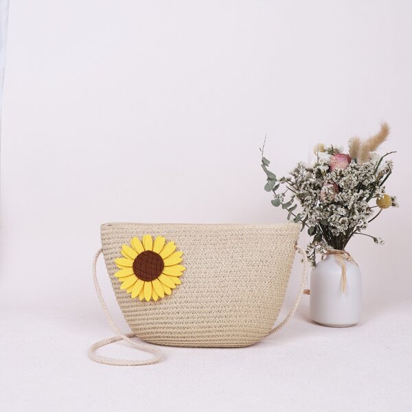

Applique Straw Crossbody Bag, Beige