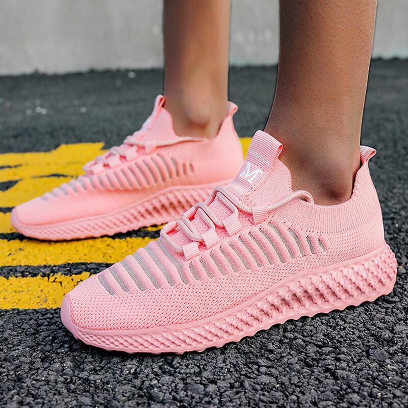 

Mesh Panel Lace Up Decor Knit Sneakers, Pink