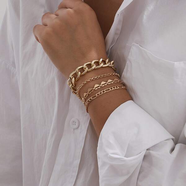 

4pcs Heart Decor Chain Bracelet, Gold