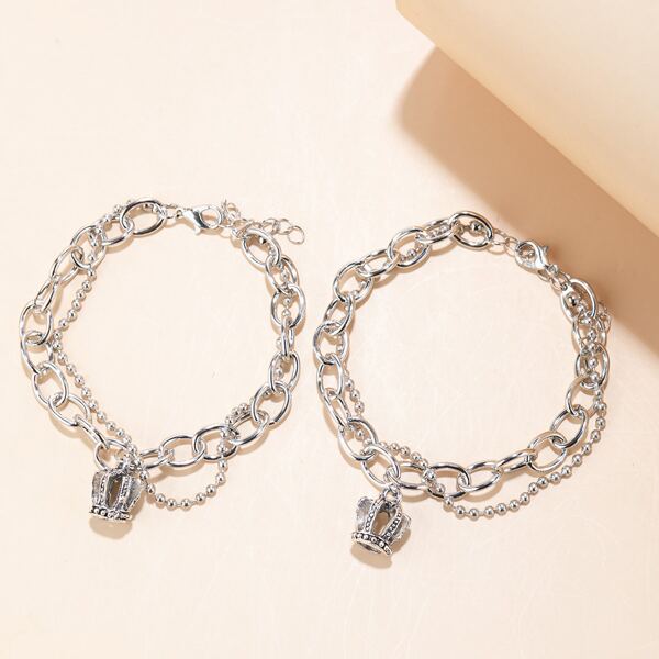 

2pcs Crown Charm Chain Bracelet, Silver