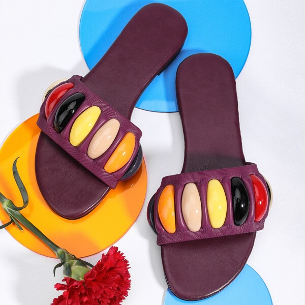 

Colorful Stone Decor Slide Sandals, Burgundy