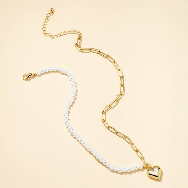

Heart Charm Faux Pearl Decor Necklace, Gold