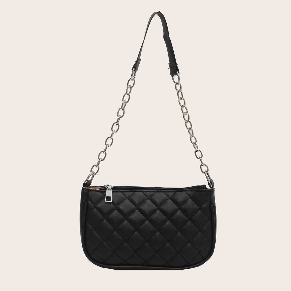 

Quilted Chain Baguette Bag, Black