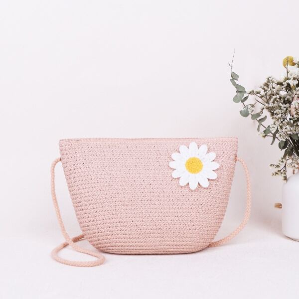 

Applique Straw Crossbody Bag, Pink