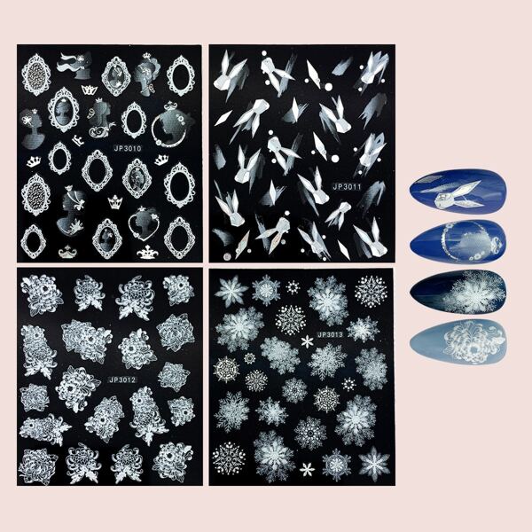 

4sheets Snowflake & Flower Pattern Nail Art Sticker, White