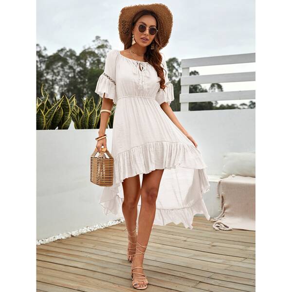 

Tie Neck Ruffle Asymmetrical Hem Dress, White