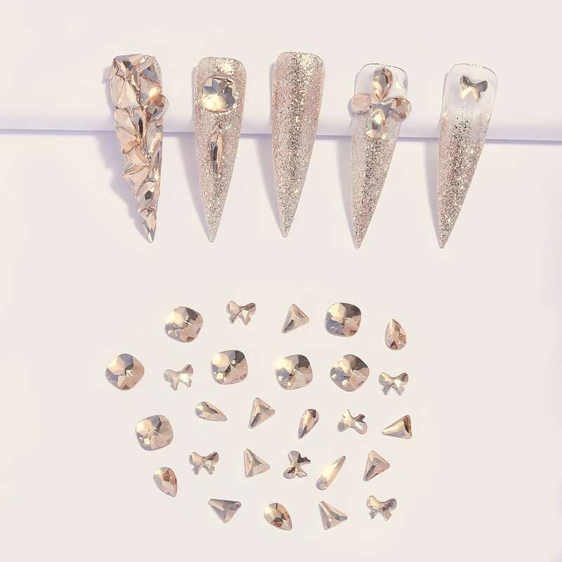 

100pcs Heart & Bow Nail Art Decoration, Champagne