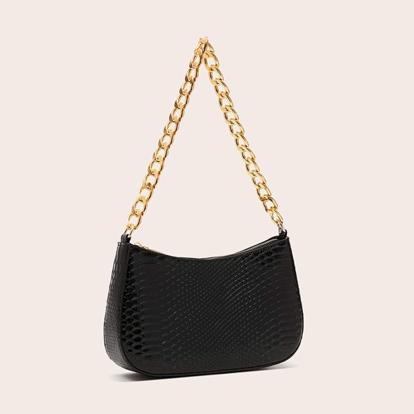 

Snake Embossed Chain Shoulder Bag, Black