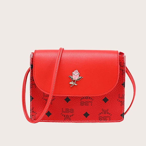 

Metal Floral Decor Flap Crossbody Bag, Red