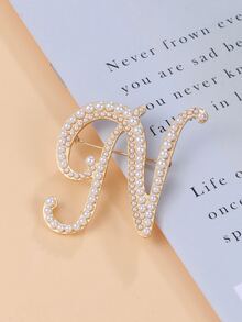 Faux Pearl Letter Design Brooch - Yellow Gold - View 3