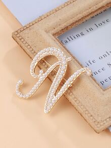 Faux Pearl Letter Design Brooch - Yellow Gold - View 4