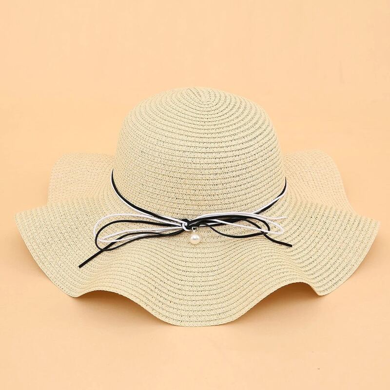 

Bow Faux Pearl Decor Straw Hat, Beige