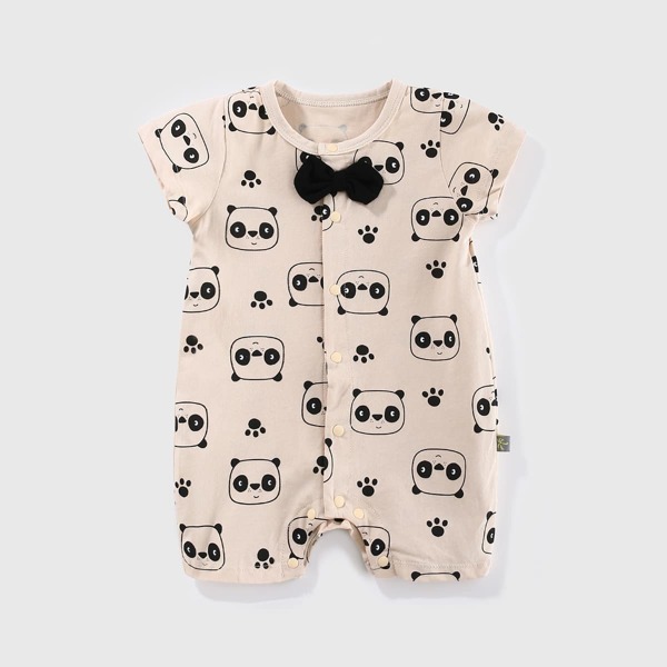

Baby Boy Bow Detail Buttoned Front Panda Print Romper, Apricot