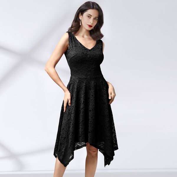 

Asymmetrical Hem Lace Prom Dress, Black