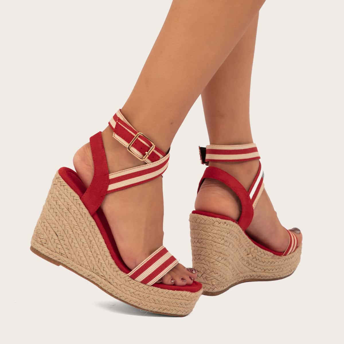 

Striped Espadrille Wedge Sandals, Red