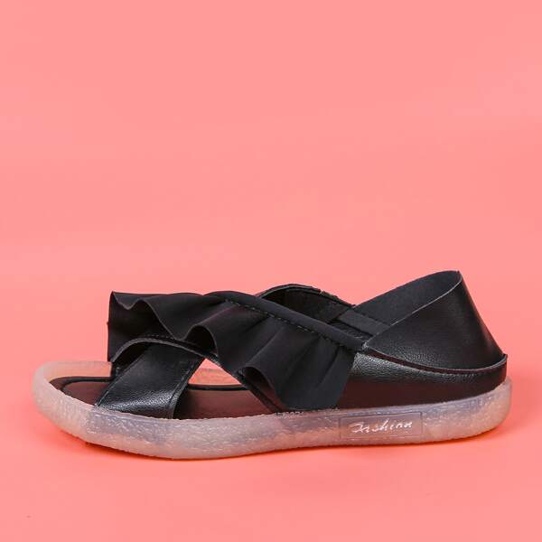 

Ruffle Decor Cross Strap Flat Sandals, Black