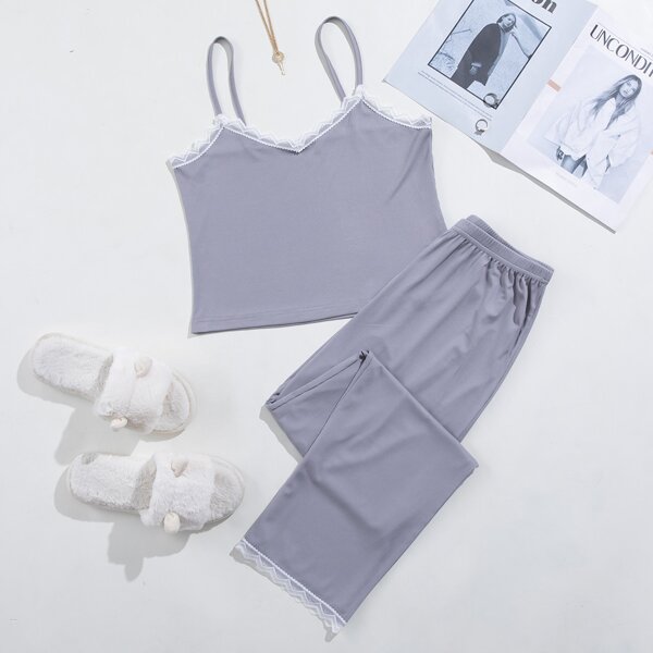 

Lace Trim Cami Pajama Set, Grey