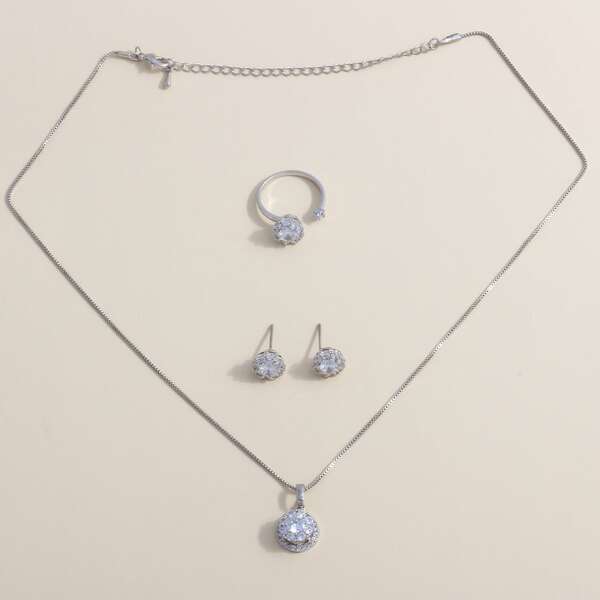 

Zircon Decor Necklace & Ring & 1pair Stud Earrings, Silver
