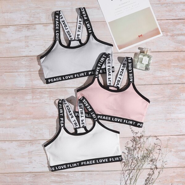 

3pack Rib Letter Tape Bra Set, Multicolor