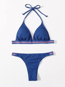 Halter Triangle Thong Bikini Set - Blue - View 1