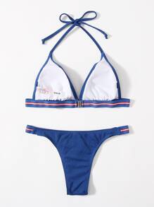 Halter Triangle Thong Bikini Set - Blue - View 2