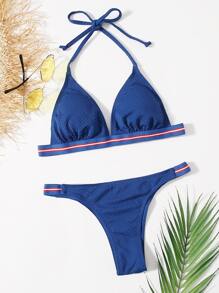 Halter Triangle Thong Bikini Set - Blue - View 3