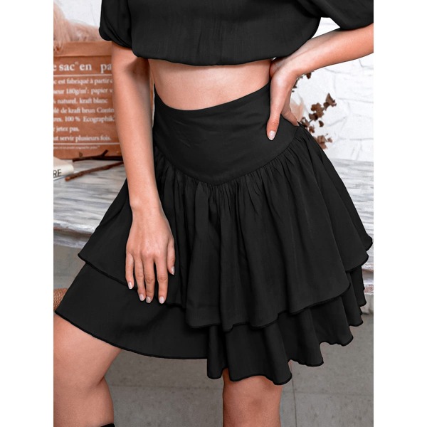 

Solid Layered Hem Skirt, Black