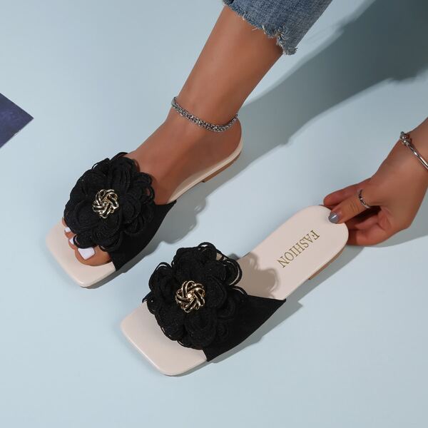

Floral Decor Slide Sandals, Black