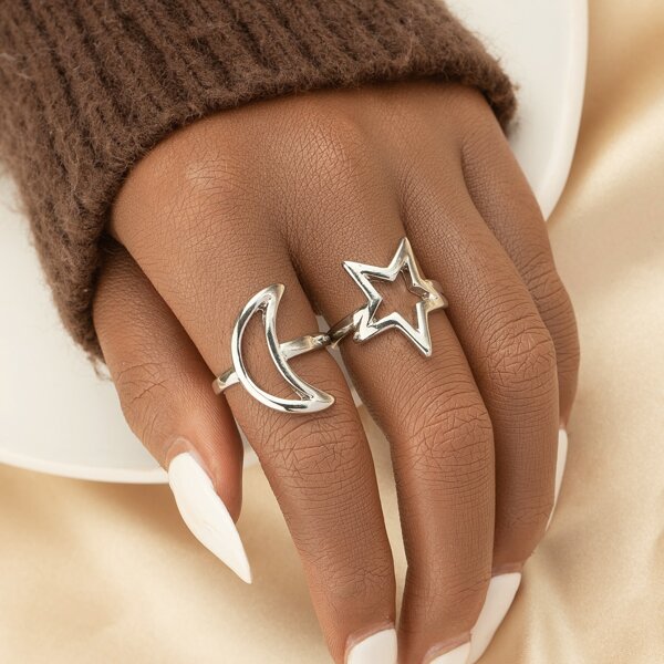 

2pcs Star & Moon Decor Ring, Silver