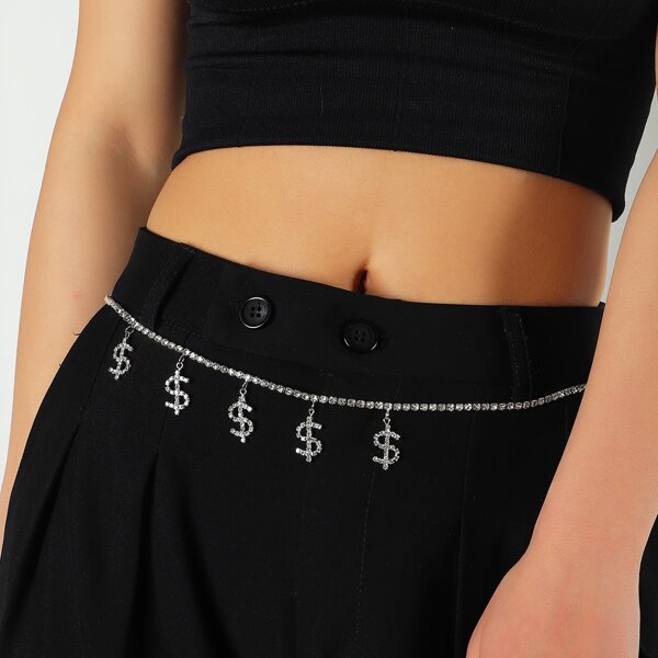 

Rhinestone Decor Chain Belt, Silver
