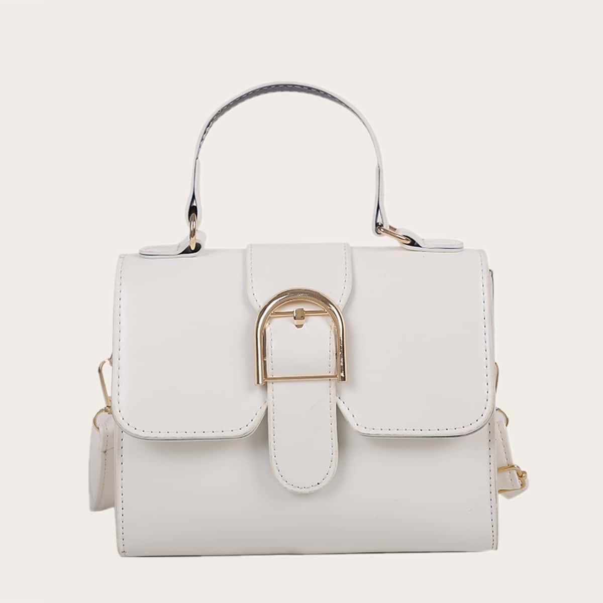 

Solid Buckle Satchel Bag, White