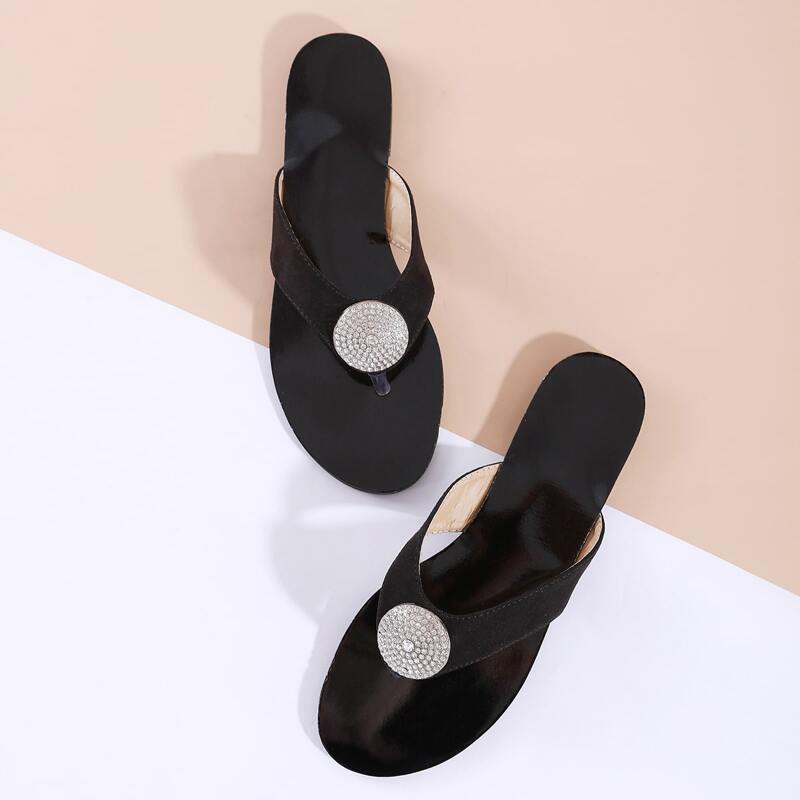 

Rhinestone Coin Thong Sandals, Black