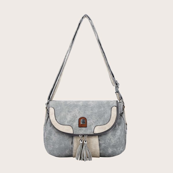 

Tassel Charm Flap Crossbody Bag, Grey