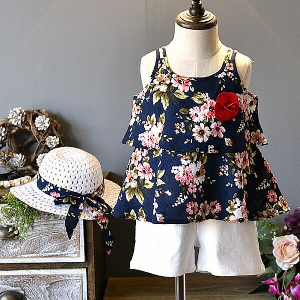 

Toddler Girls Floral Print Layered Cami Top & Shorts & Hat, Blue and white