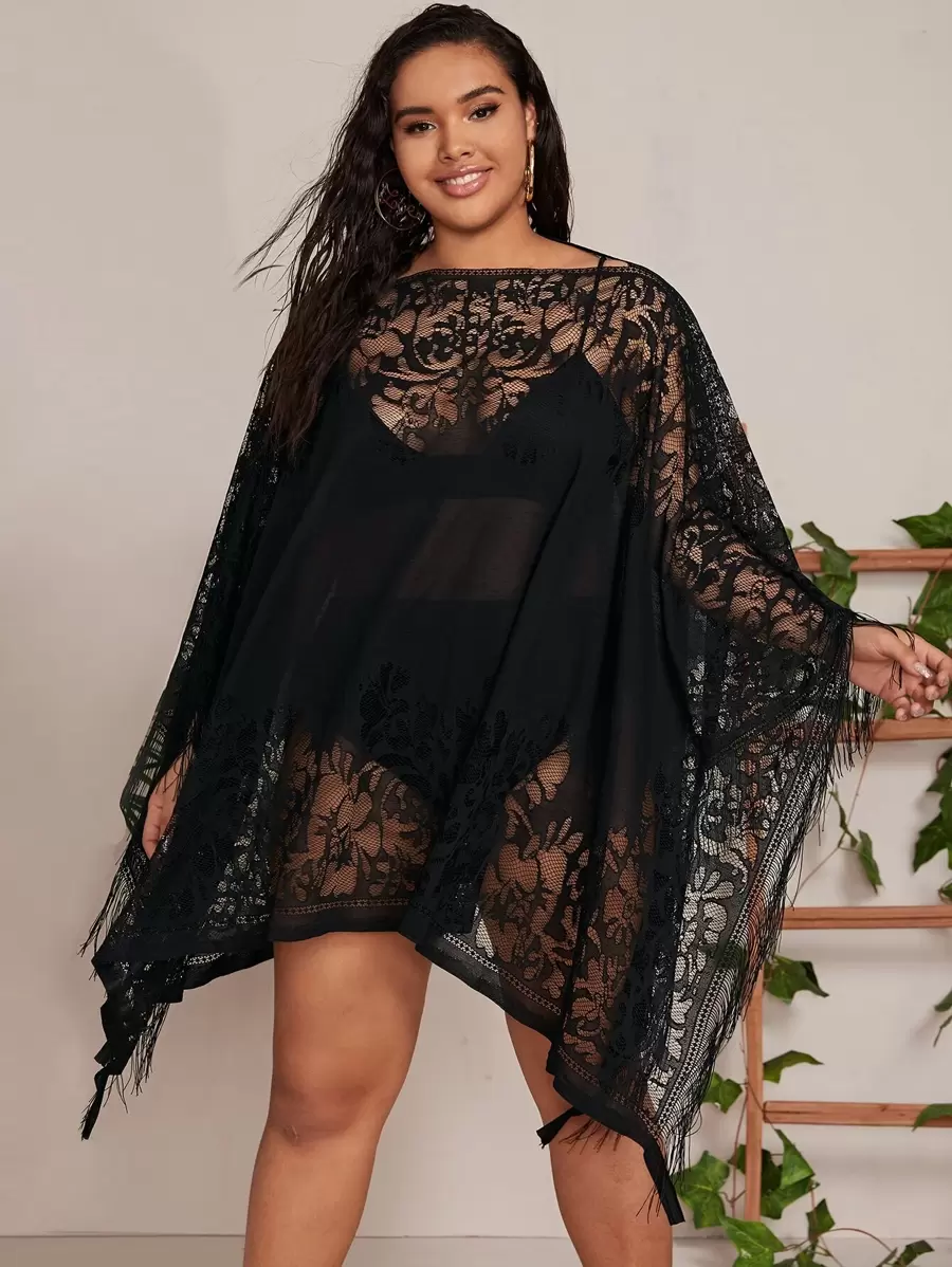 SHEIN Swim Curve Plus Fringe Hem Sheer Mesh Cover Up - Black - View 1