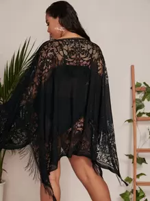 SHEIN Swim Curve Plus Fringe Hem Sheer Mesh Cover Up - Black - View 2