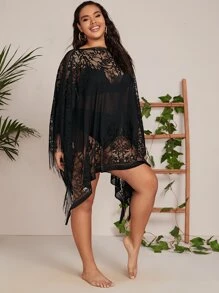 SHEIN Swim Curve Plus Fringe Hem Sheer Mesh Cover Up - Black - View 3