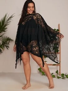 SHEIN Swim Curve Plus Fringe Hem Sheer Mesh Cover Up - Black - View 4